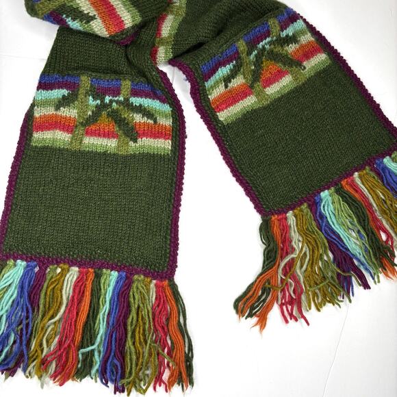 Knit Wool Pocket Scarf Lost Horizons Green Striped Handmade Nepal 9x63 Warm Boho - Picture 9 of 9